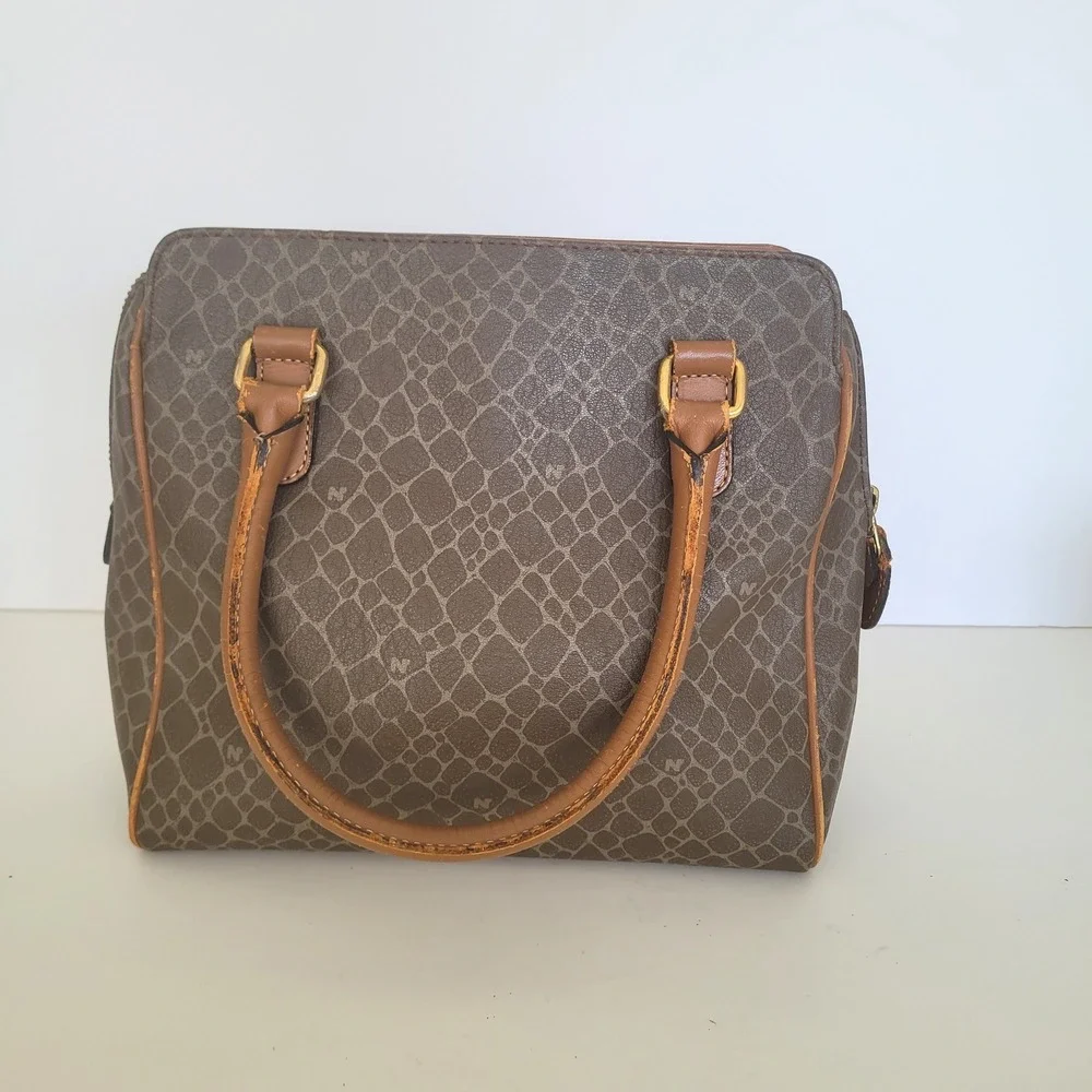 Nina Ricci Vintage‎ Brown Textured Satchel Bag Top Handle Logo Print Handbag
